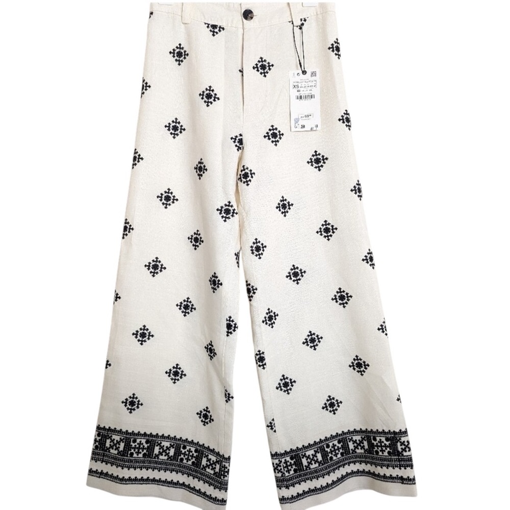 ZARA Ecru & Black High Waist Embroidered Detail Wide Leg Linen Trousers, Size M. - Picture 3 of 13